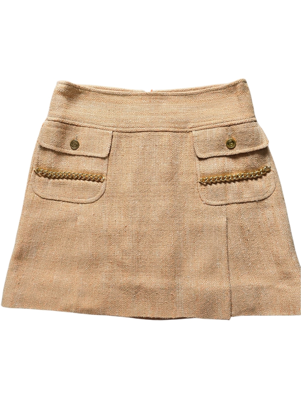 Dolce & Gabbana Peach Silk Tweed Mini Skirt with Gold Chain Trim
